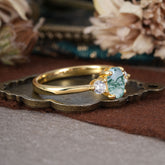 1 Carat Oval Shaped Classic Three Stone Moss Agate Wedding Ring
